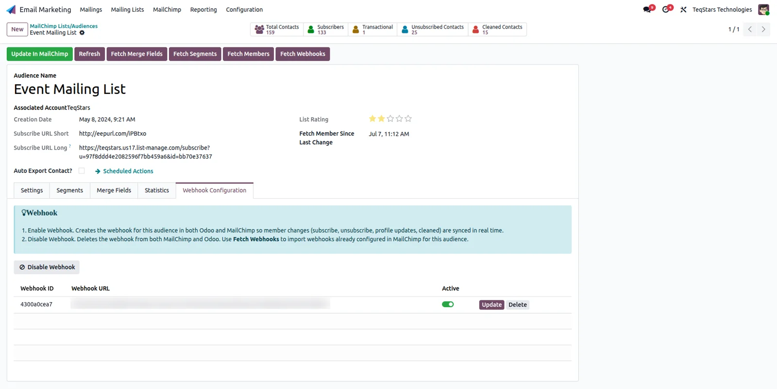 Odoo audience with live sync active, receiving subscribe, unsubscribe and profile updates from Mailchimp.