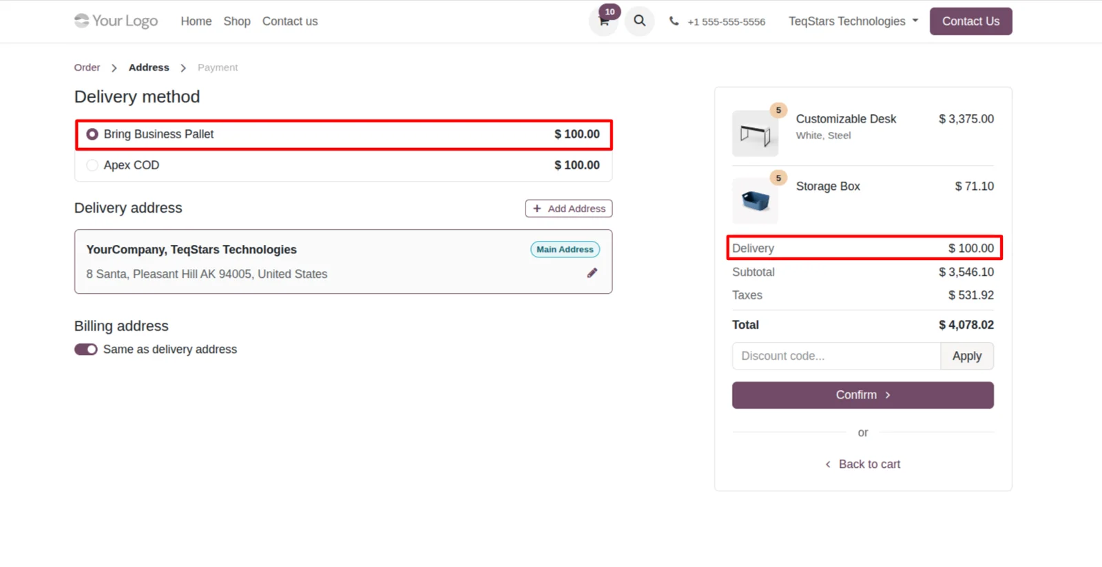 Odoo website checkout showing an nShift shipping method on a customer order