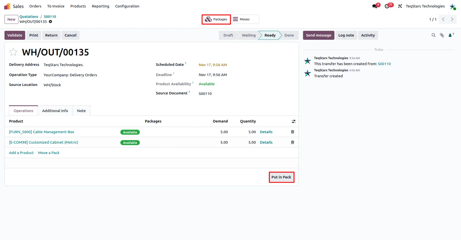 Packages built with Put in Pack on an Odoo delivery order before booking with nShift