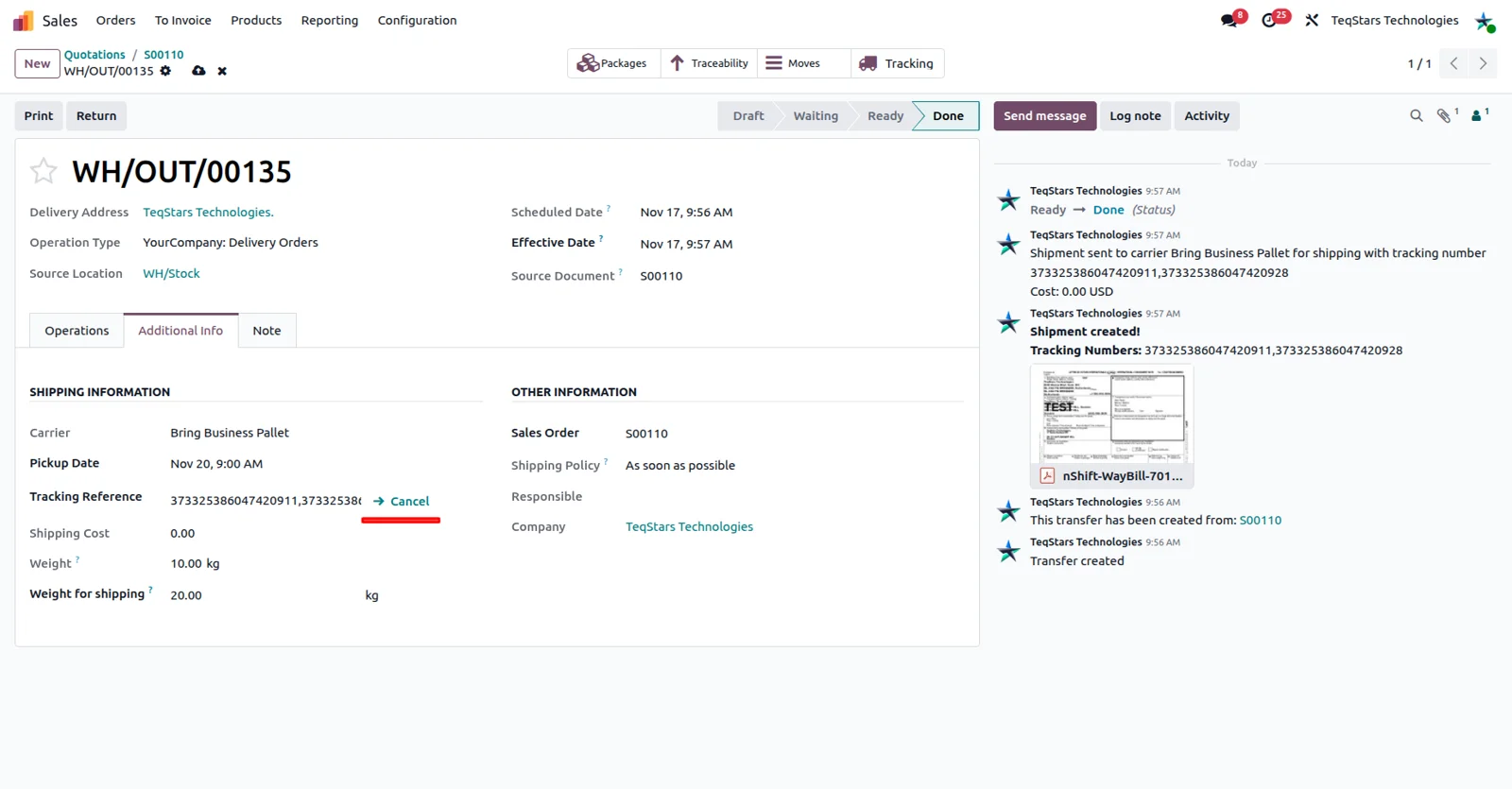 Canceling a parcel in Odoo, which cancels the matching nShift shipment