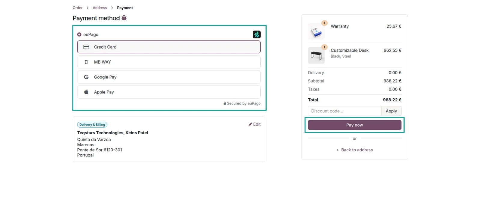 Odoo checkout with the single euPago option open, showing MB WAY, card, Google Pay and Apple Pay