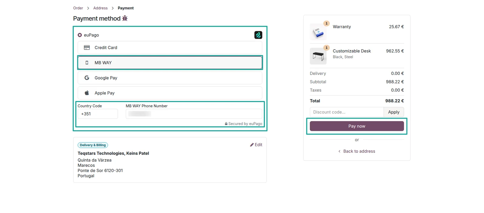 MB WAY step in the Odoo euPago checkout where the customer confirms a phone number