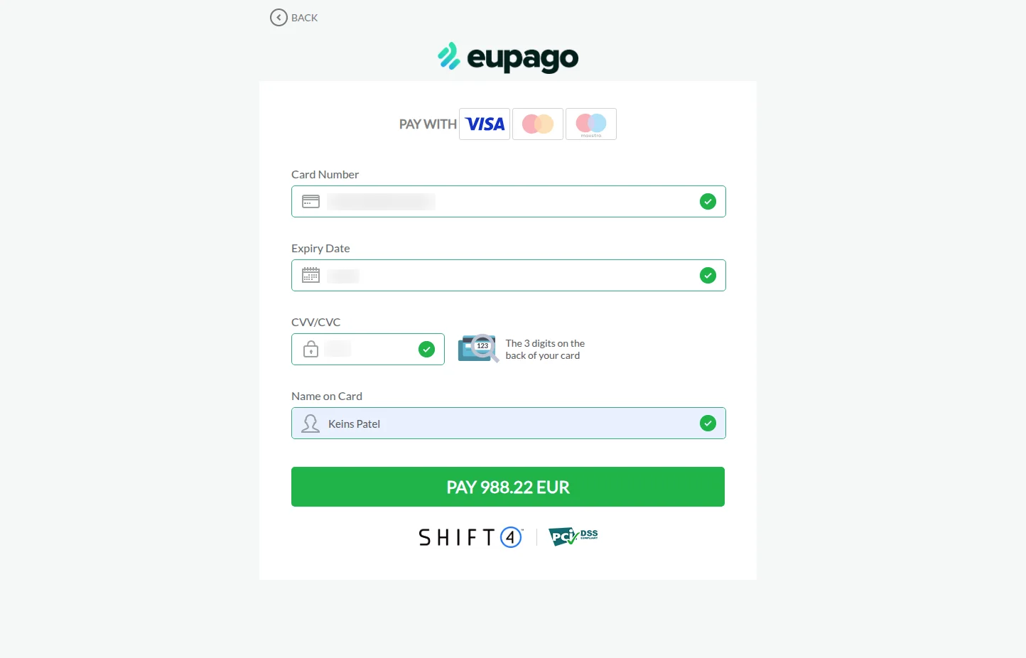 euPago secure hosted payment page opened from an Odoo checkout for card and wallet payments