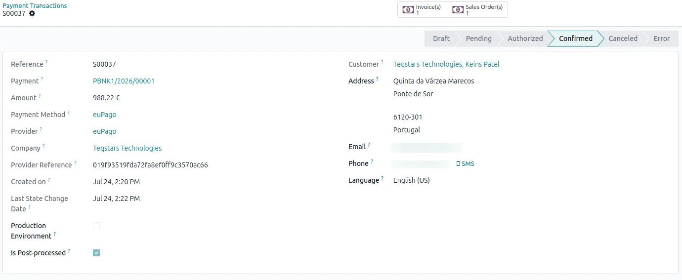 Odoo payment transaction in Done state after euPago confirmed the payment