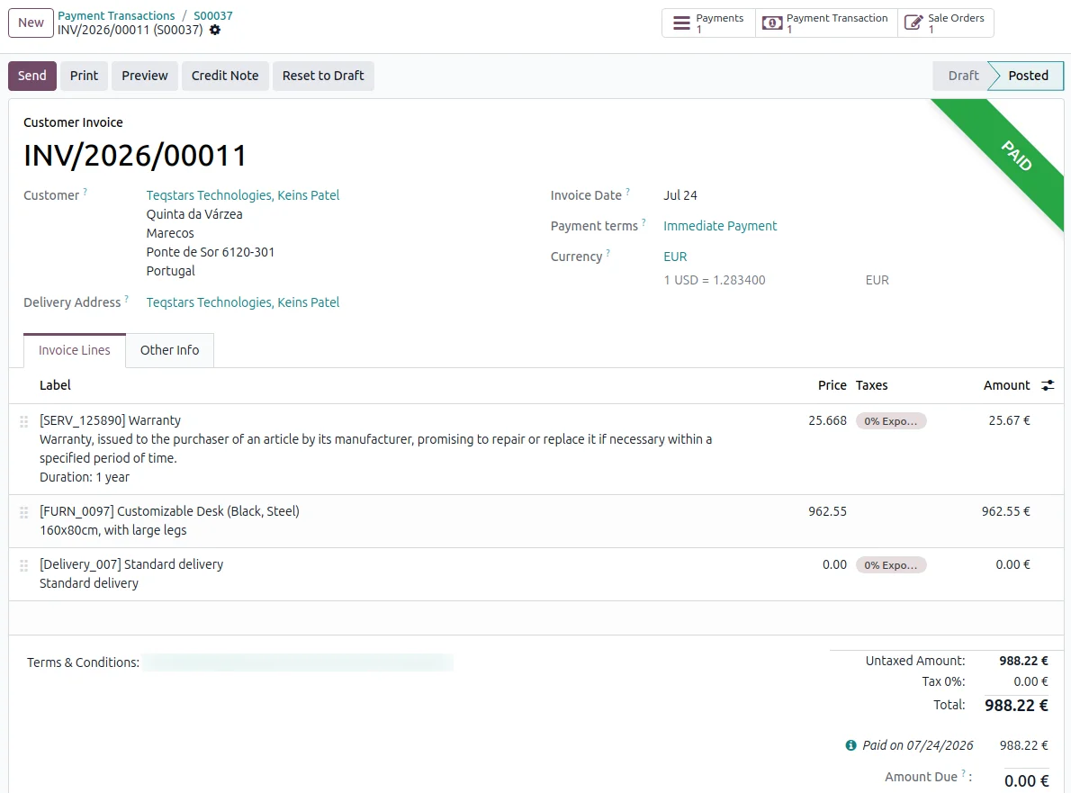 Odoo customer invoice marked paid and reconciled after a euPago payment