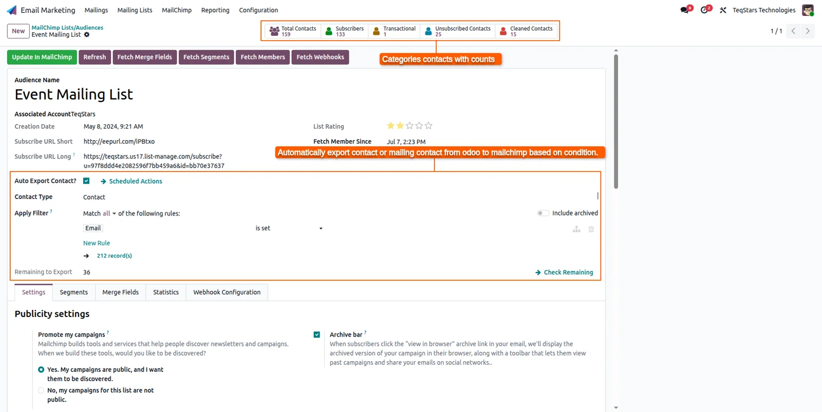Auto export settings on an Odoo audience, with contact type and the filter used for Mailchimp.
