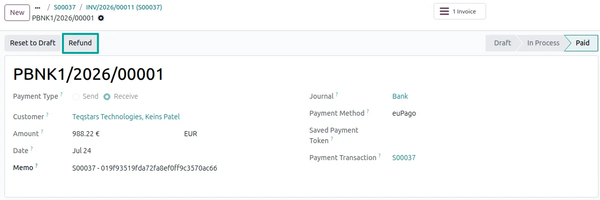 Refund button on an Odoo euPago payment, used for a full or partial refund