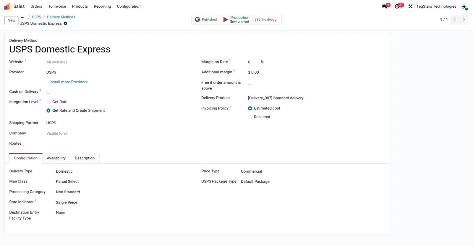 Odoo delivery method form for USPS showing provider, delivery type and mail class settings