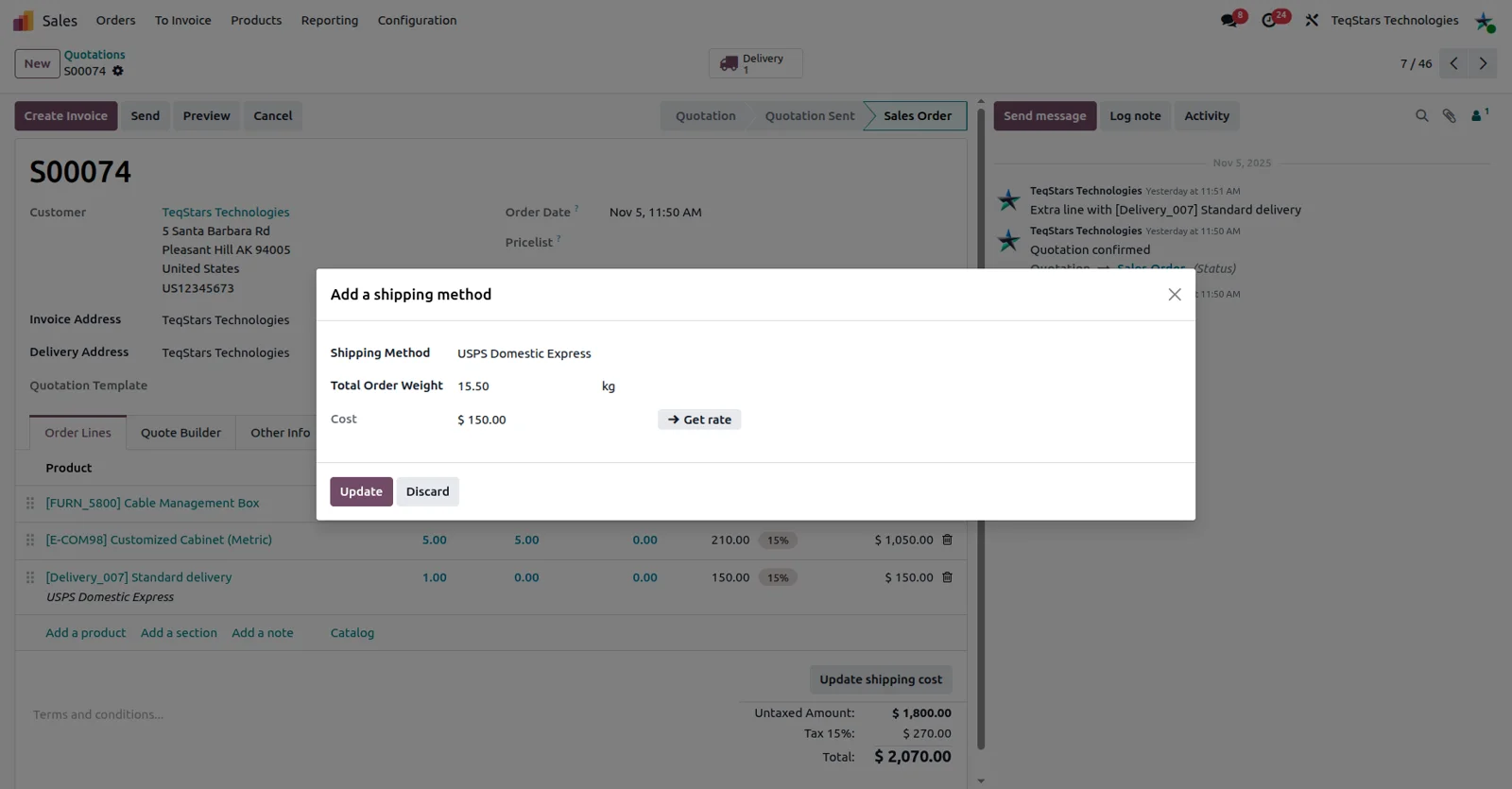 Odoo sales order with the USPS shipping method selected and a fetched rate added as a line