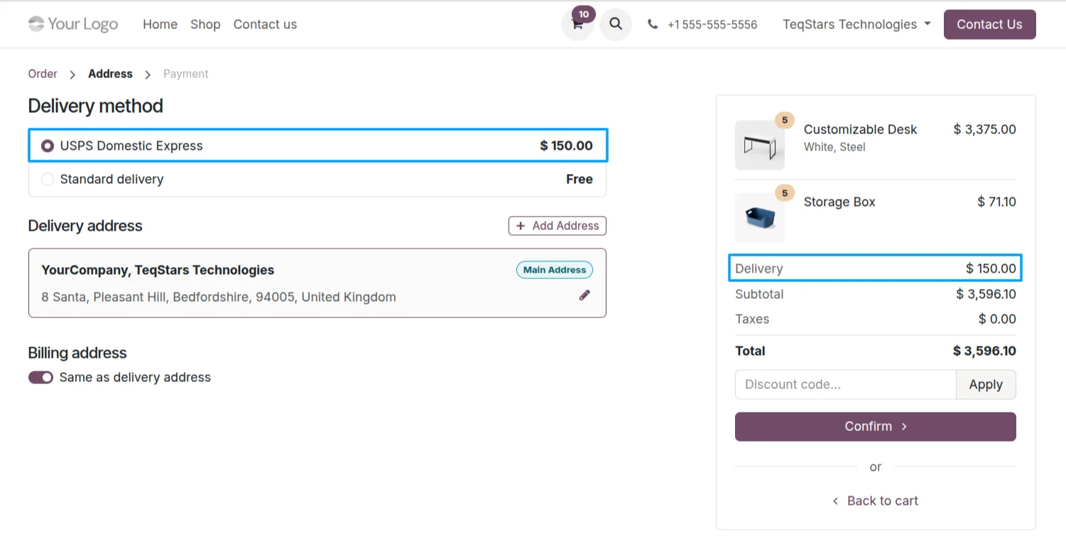 USPS delivery options and calculated shipping rates on the Odoo eCommerce checkout page