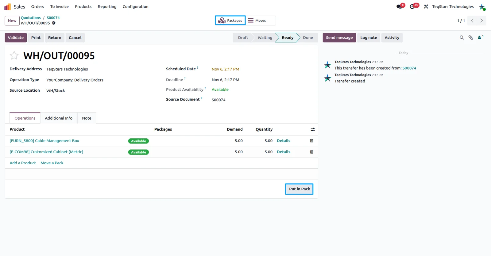 Odoo delivery order split into multiple packages with Put in Pack before USPS labels are created
