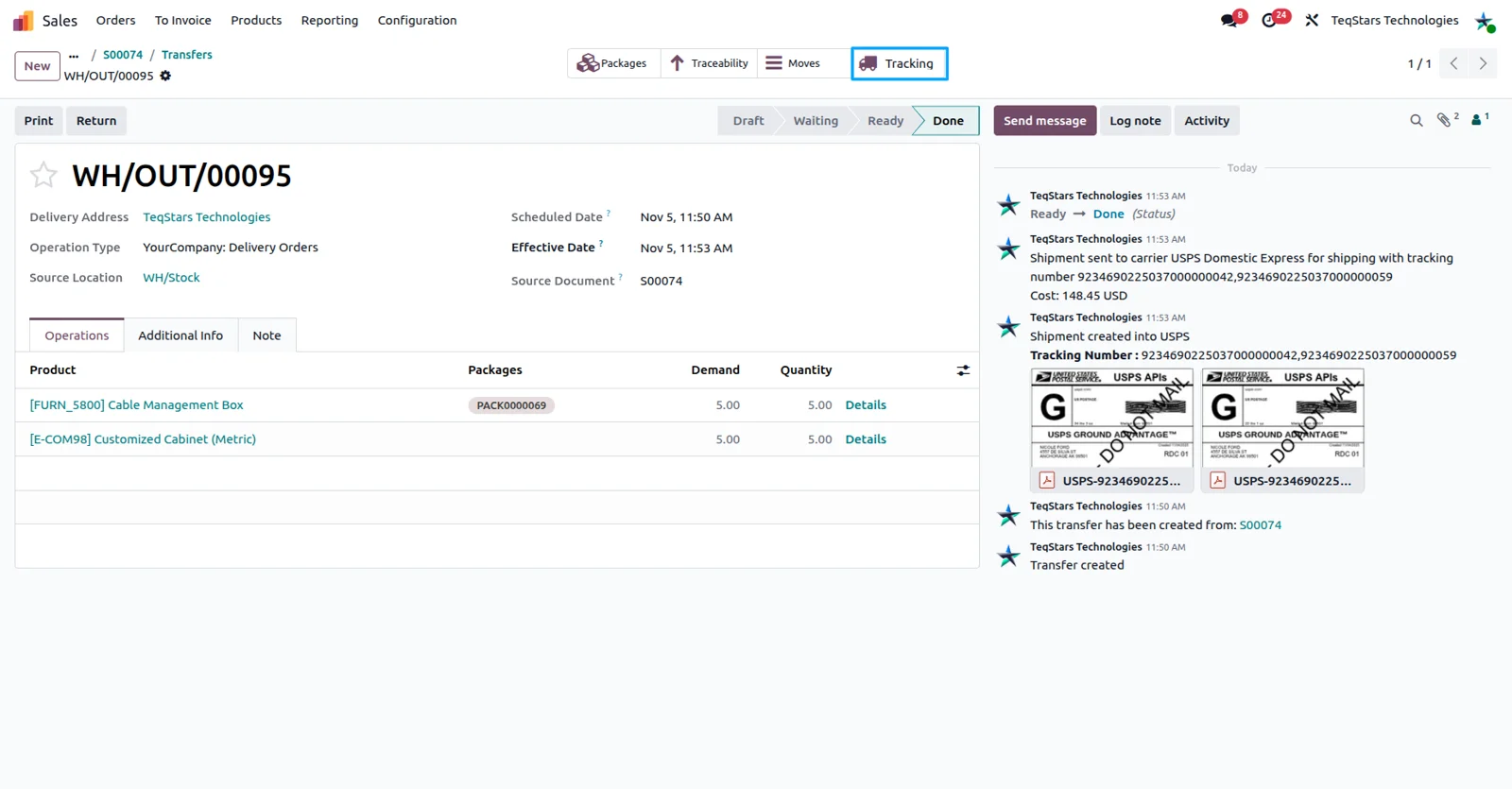 Shipment tracking status and location from USPS shown on an Odoo delivery order