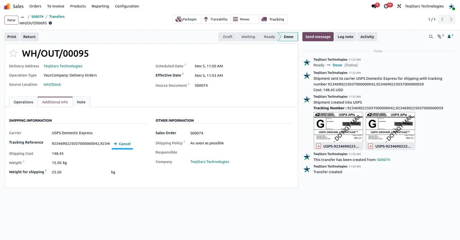 Cancel button on an Odoo delivery order voiding the USPS shipment and its label