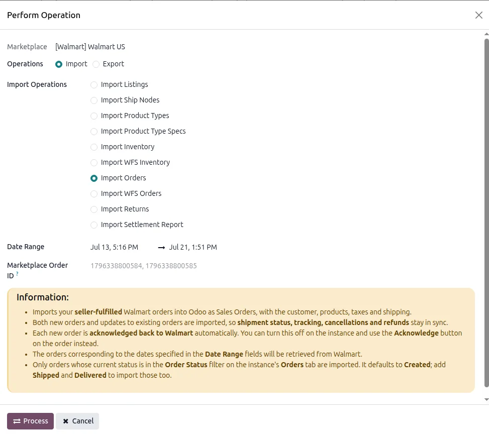 Import Walmart orders wizard in Odoo with date range and marketplace order ID fields