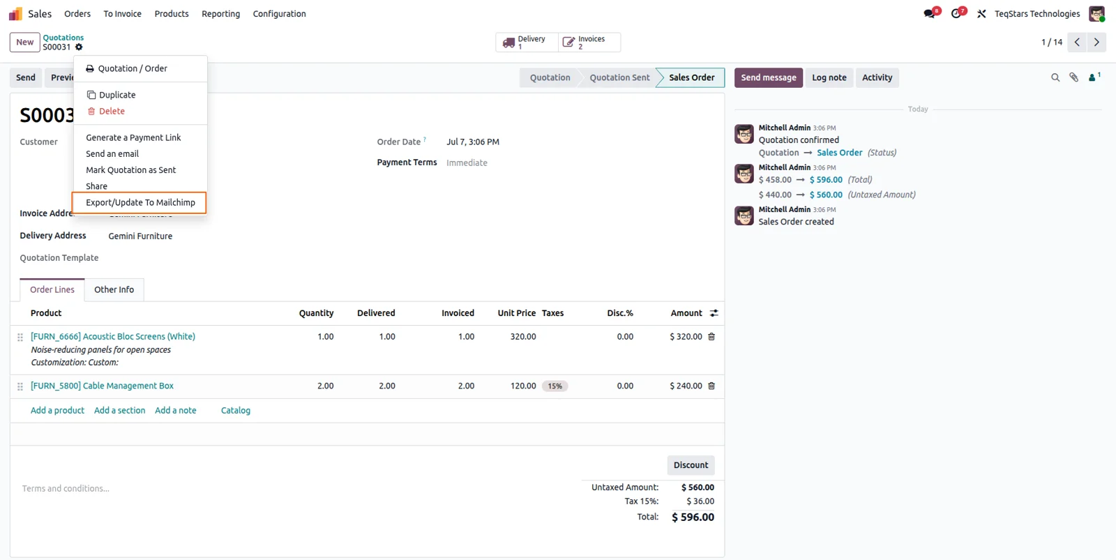 An Odoo sale order exported to Mailchimp with its amount and product lines on the contact profile.