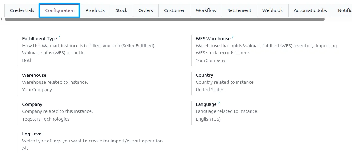 Walmart instance configuration tab in Odoo showing fulfillment type and warehouse mapping