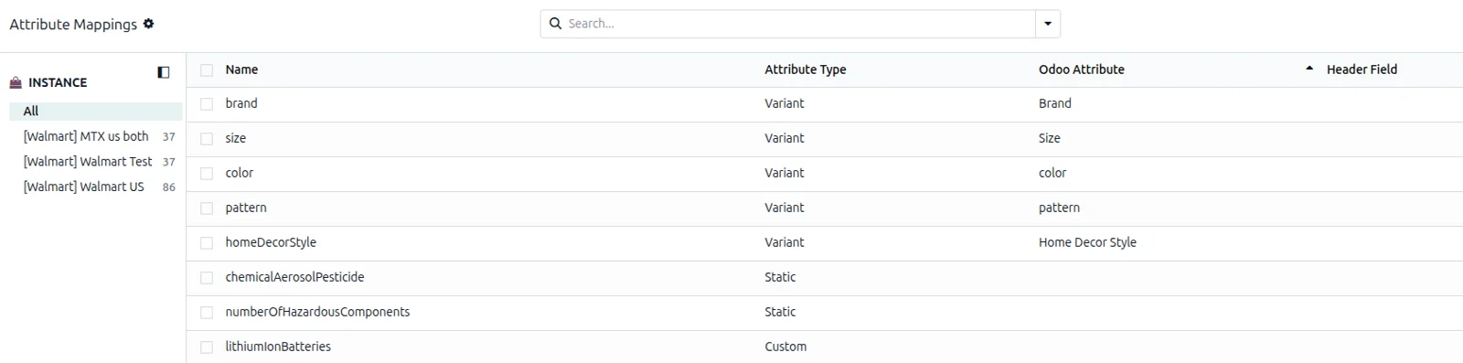 Walmart attribute mappings list in Odoo with attribute type and matching Odoo attribute