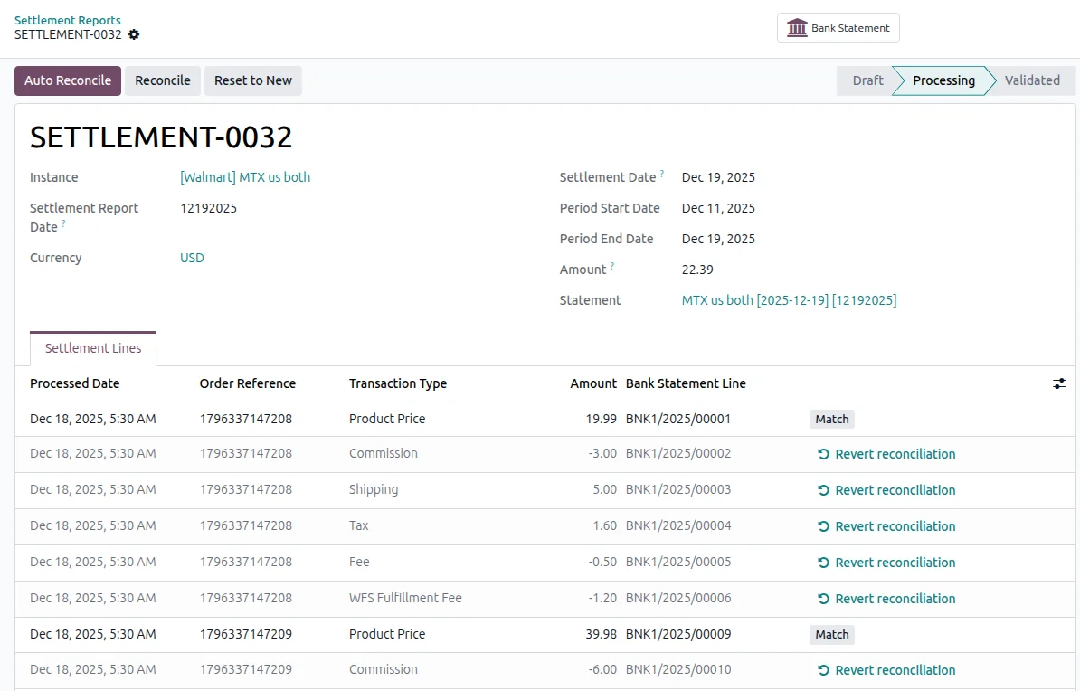 Walmart settlement report form in Odoo with transaction lines, amounts and matched orders