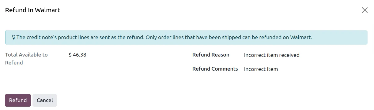 Issue refund wizard for a Walmart return in Odoo, creating the linked credit note