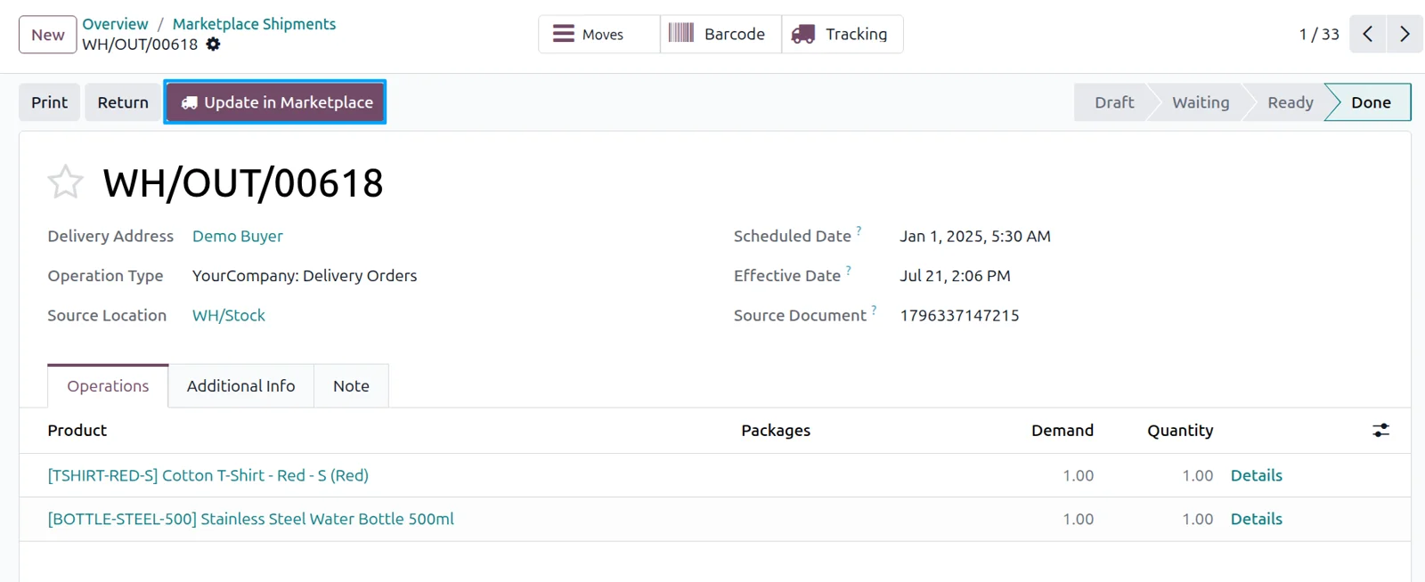 Update in Marketplace button on an Odoo delivery order sending tracking to Walmart