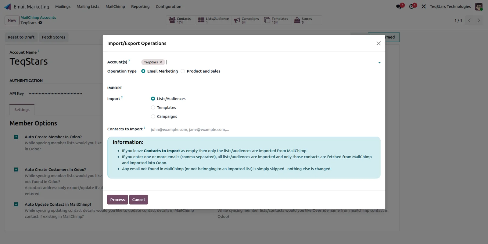The Mailchimp operations wizard in Odoo with account, operation type and import choices selected.