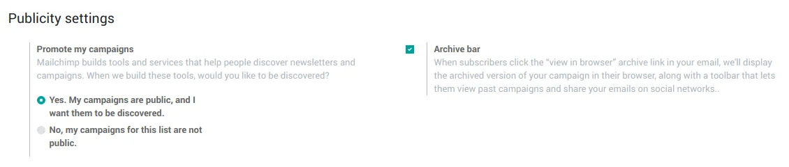 Mailchimp audience settings tab in Odoo with signup form, campaign default and footer options.