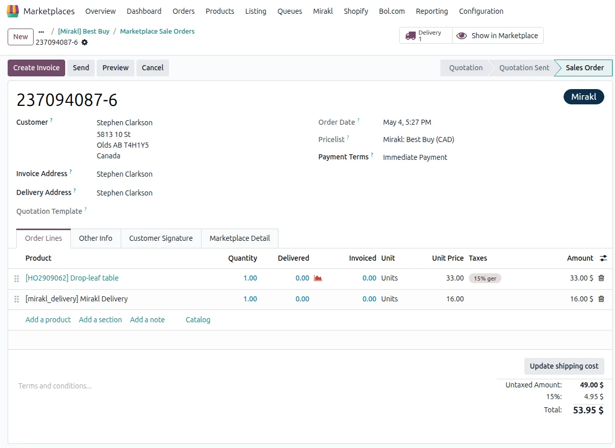 A Mirakl order imported into Odoo as a sales order with marketplace details on the lines
