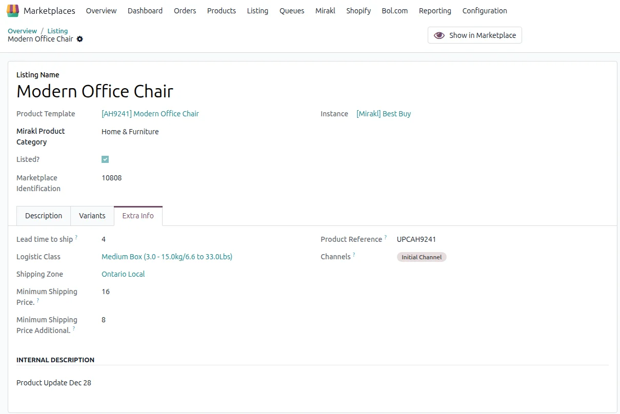 An imported Mirakl listing in Odoo showing SKU, price, stock and logistic class