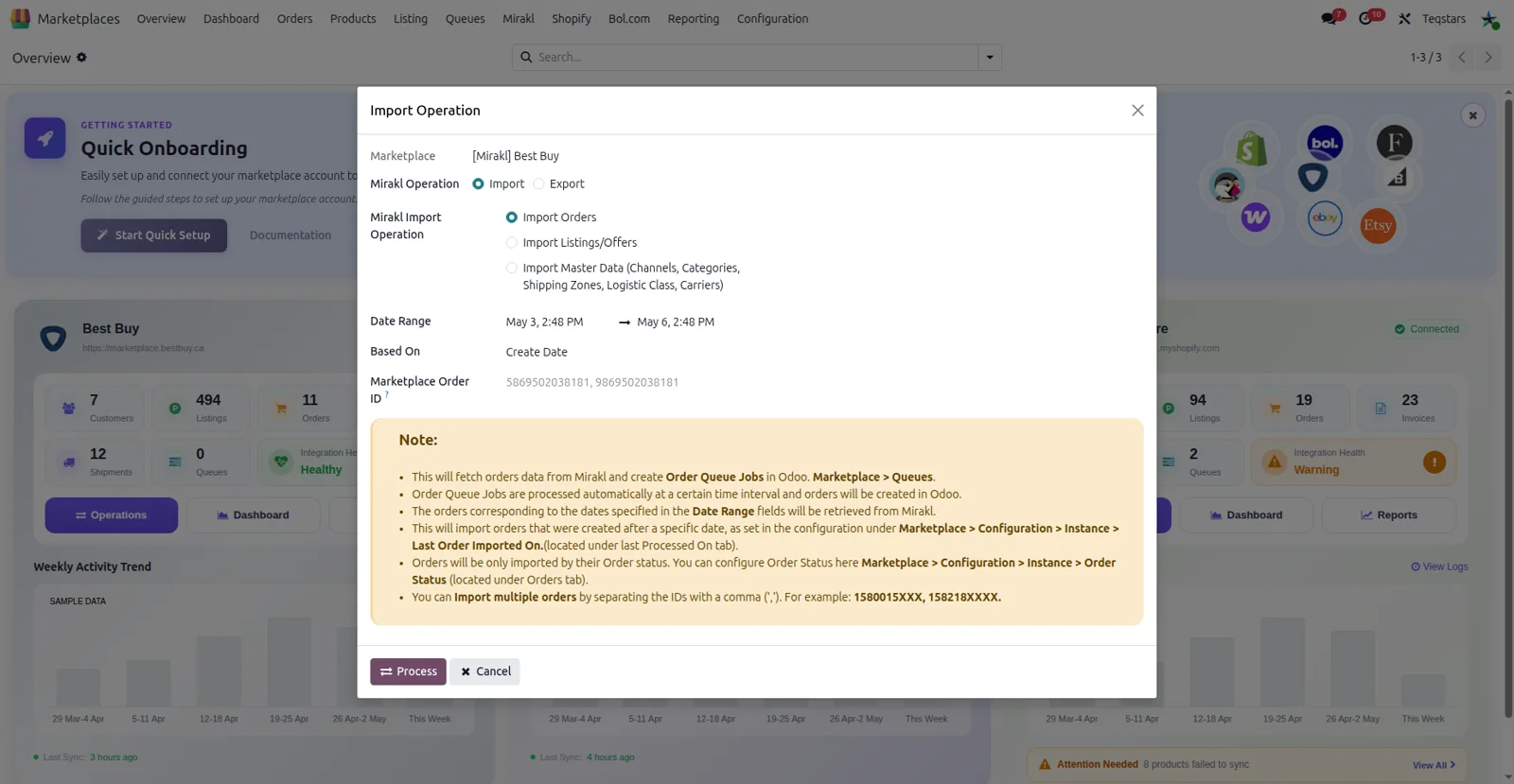 The Mirakl import popup in Odoo with options for orders, listings and master data