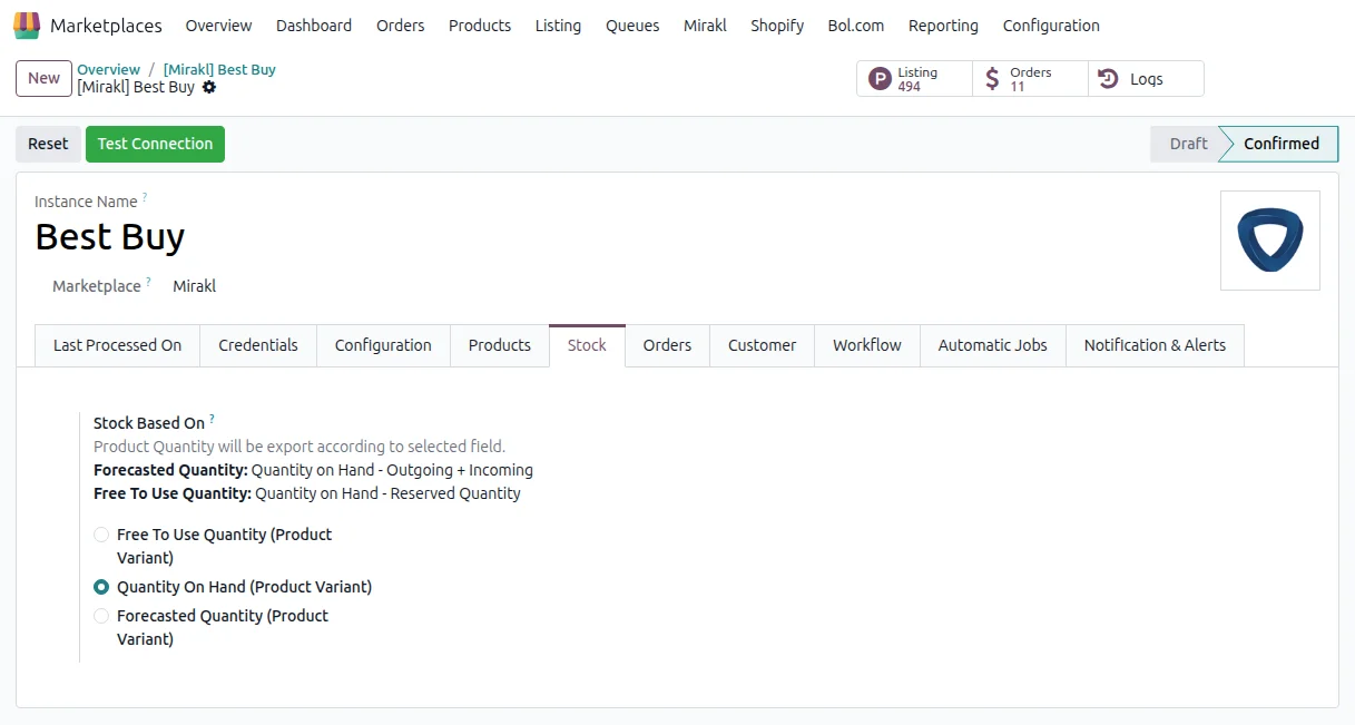 Stock settings for the Mirakl connector in Odoo: warehouse, stock field and quantity rules