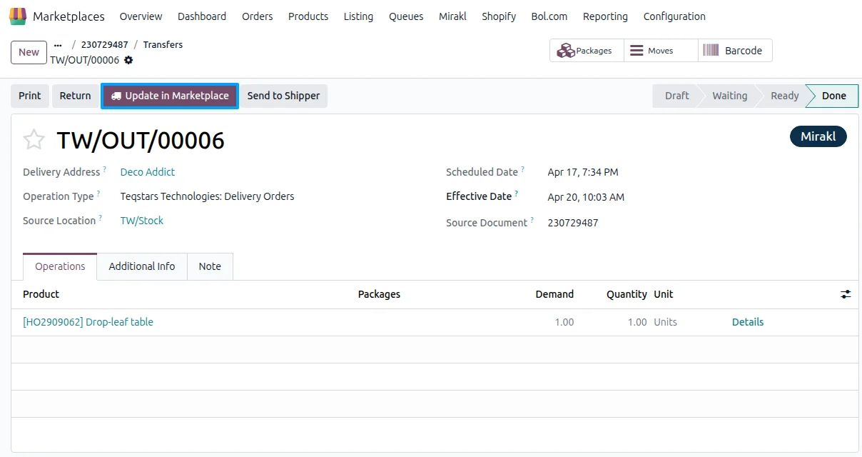 An Odoo delivery order with the Update in Marketplace button that sends tracking to Mirakl