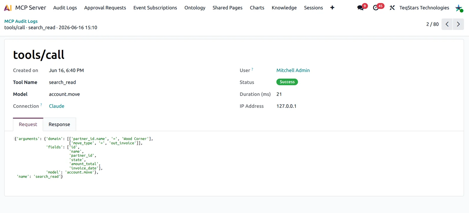 Odoo audit log of Advanced MCP Server activity listing user, tool, timestamp and success or error status