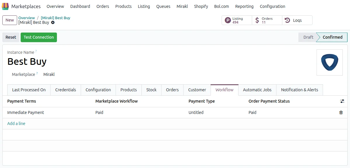 Mirakl financial workflow setup in Odoo mapping payment type and status to order steps