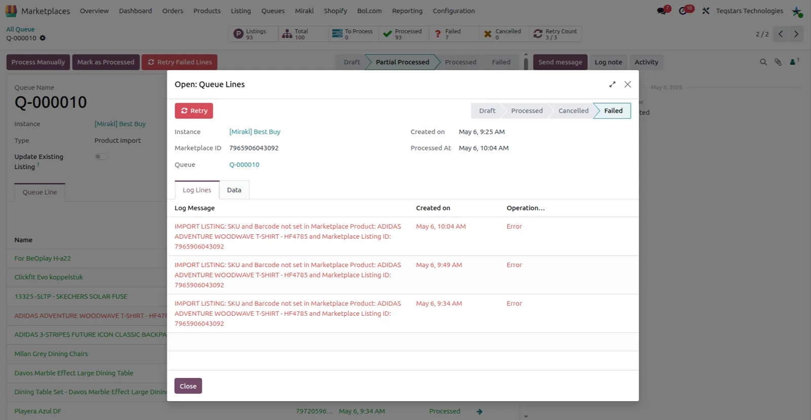 Failed Mirakl import lines in Odoo showing the error message and a retry action