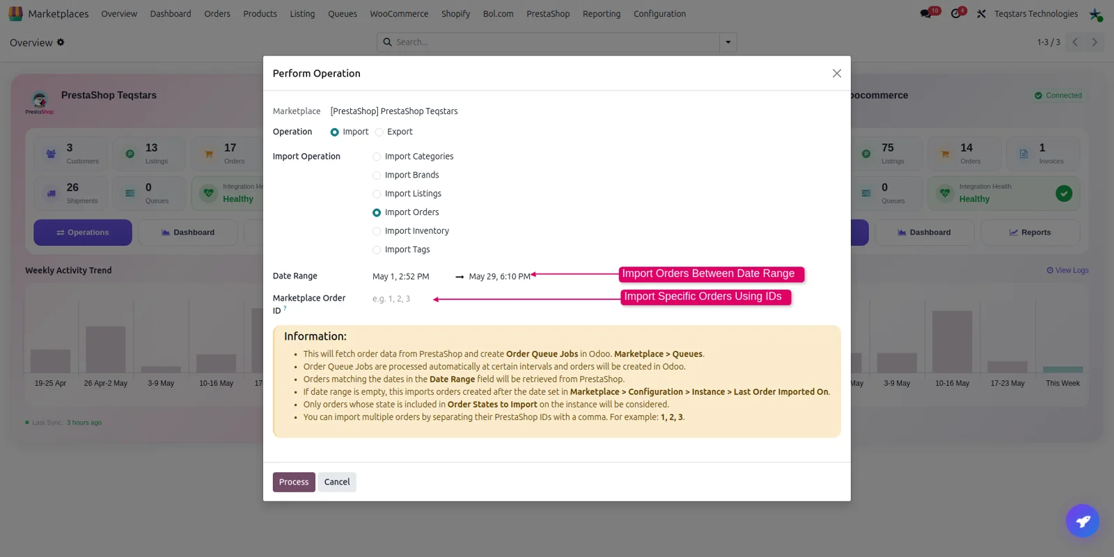 Odoo import order screen of the PrestaShop Integration, with date range and order ID options