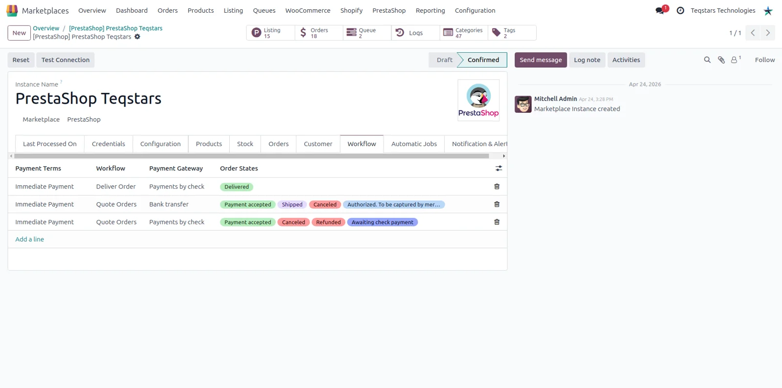 Order workflow rules in Odoo matching PrestaShop order states and payment gateways