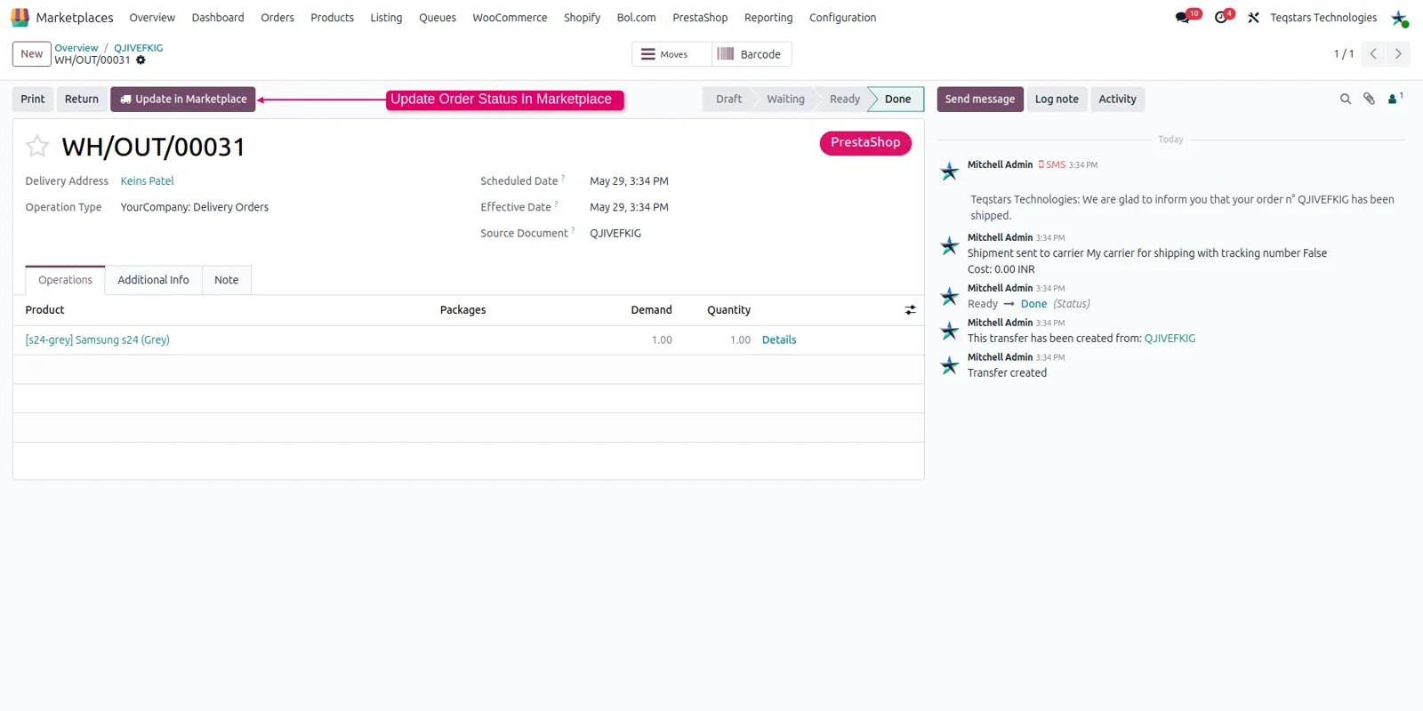 Exporting the order status from Odoo to PrestaShop after the delivery is validated
