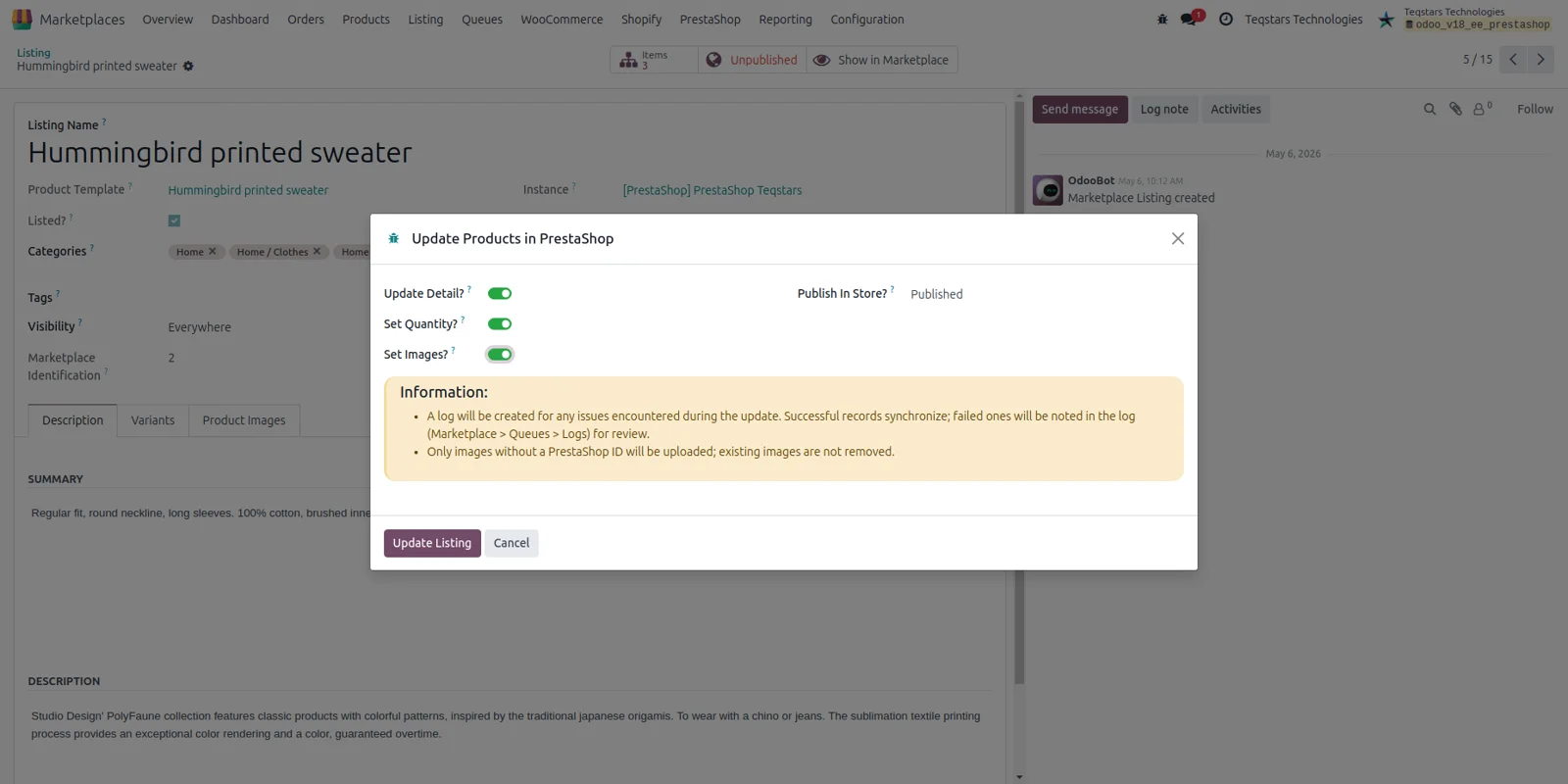 Odoo export wizard sending a product listing to PrestaShop with publish, stock and image options