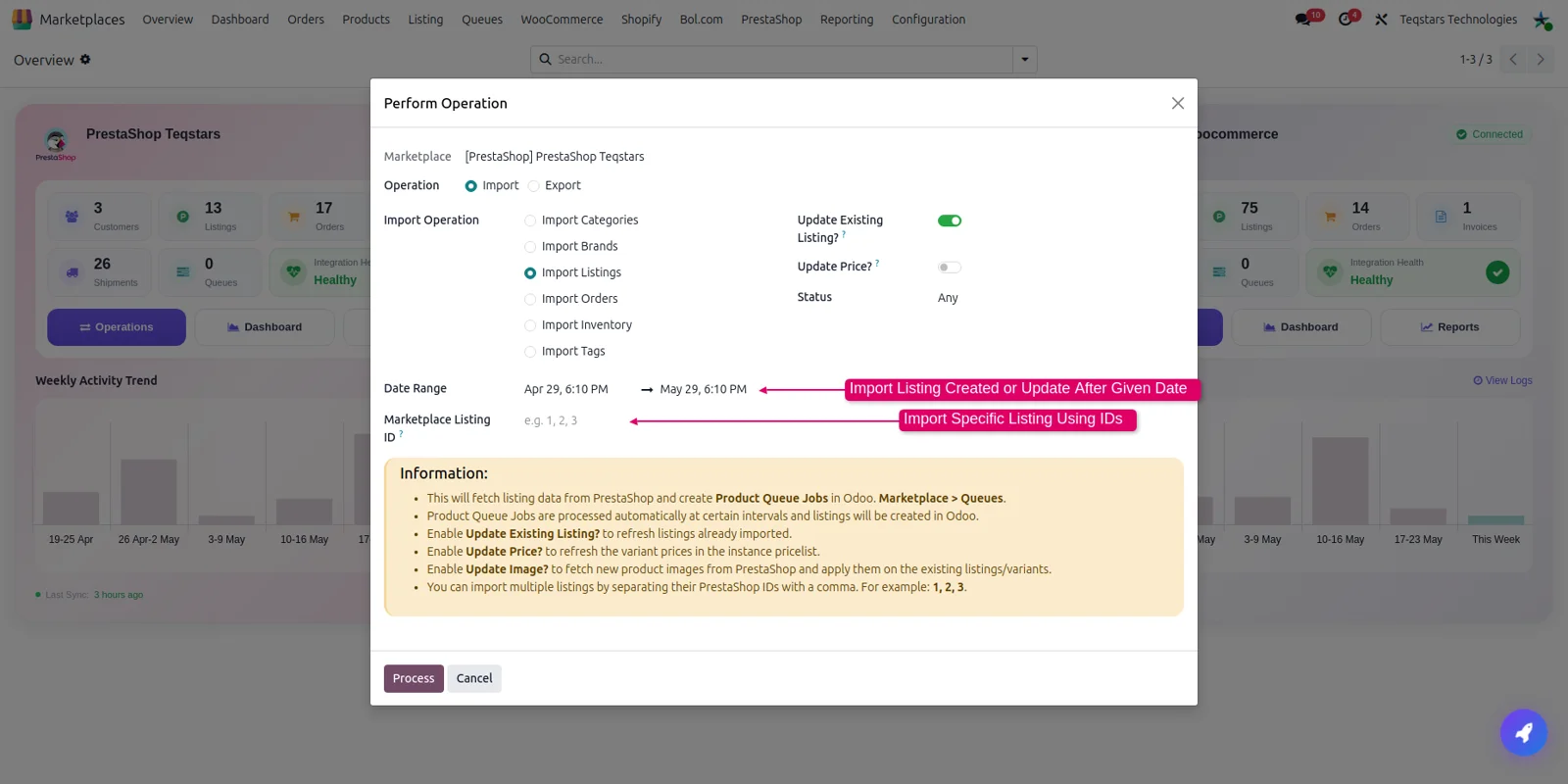 Running the PrestaShop product import operation in Odoo to create listings and listing items