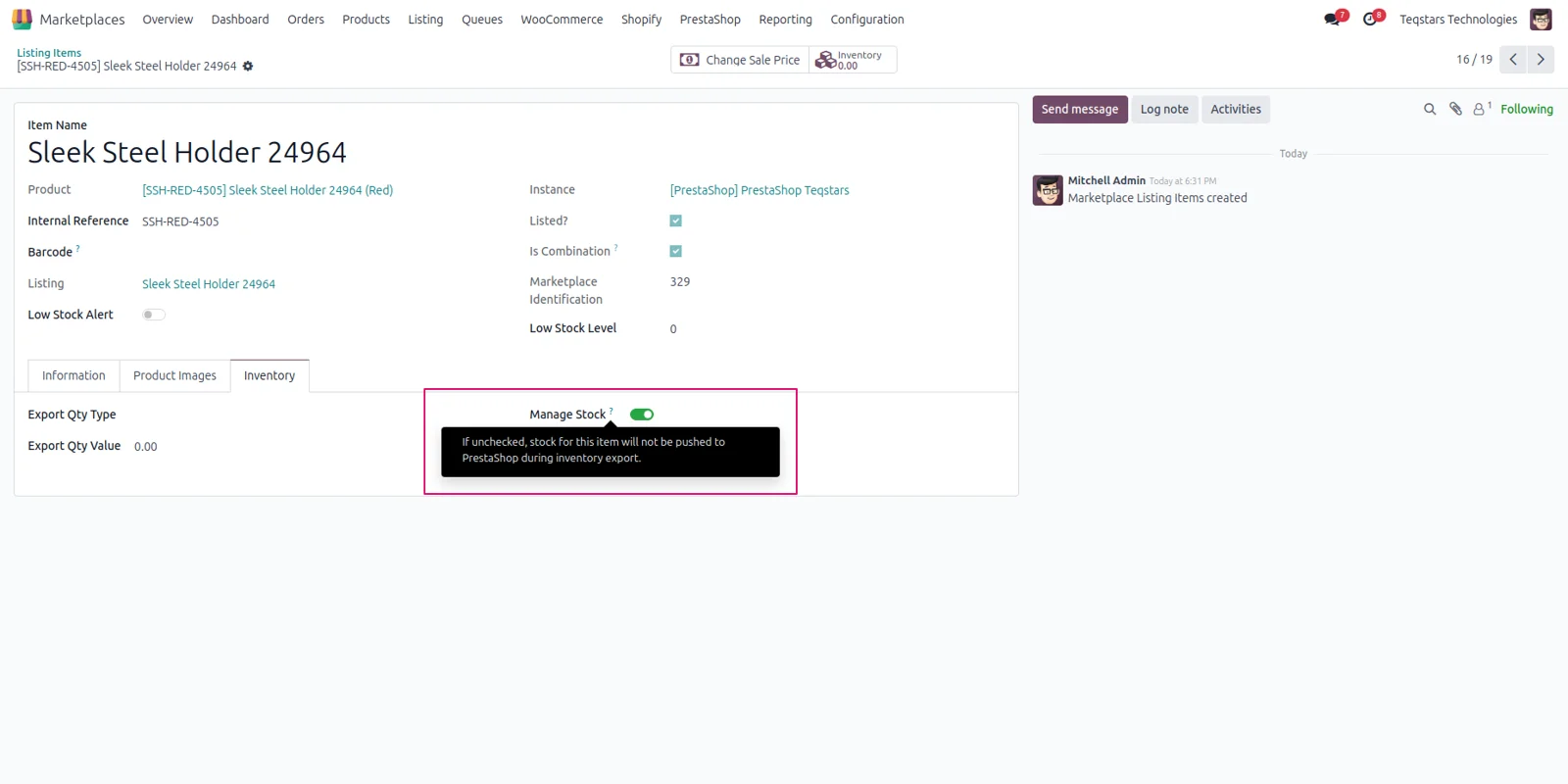 Per-variant Manage Stock toggle on a PrestaShop listing item in Odoo