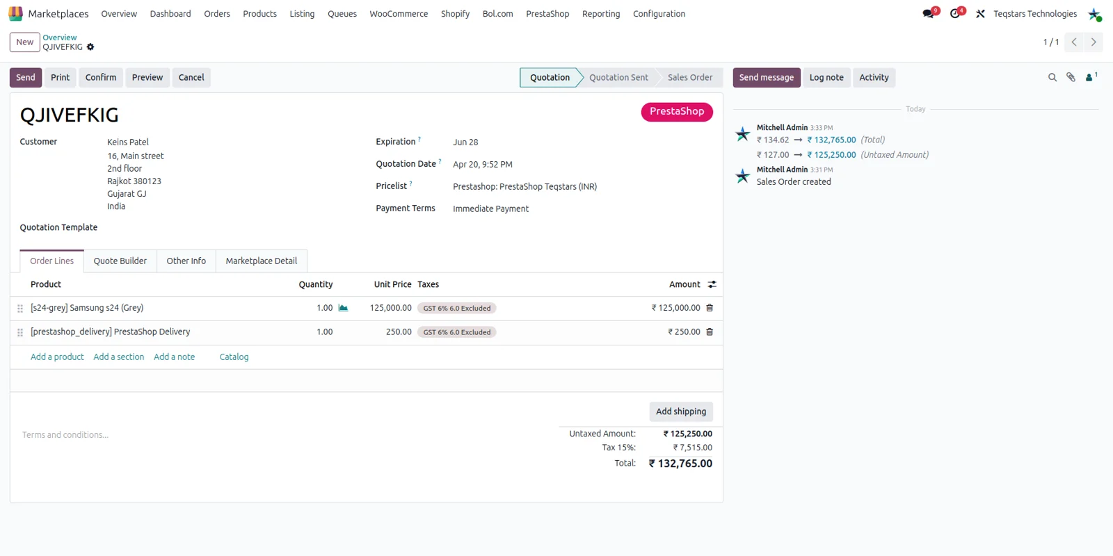 An imported PrestaShop order in Odoo showing the customer, invoice and delivery contacts