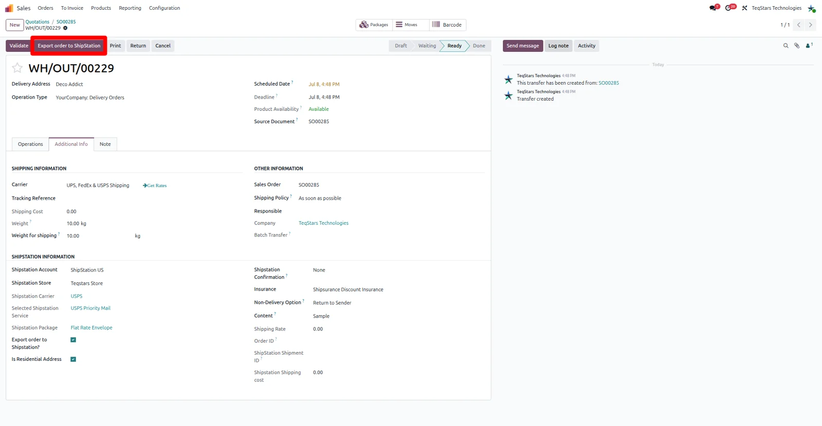 Odoo delivery order header showing the Export order to ShipStation button next to Validate