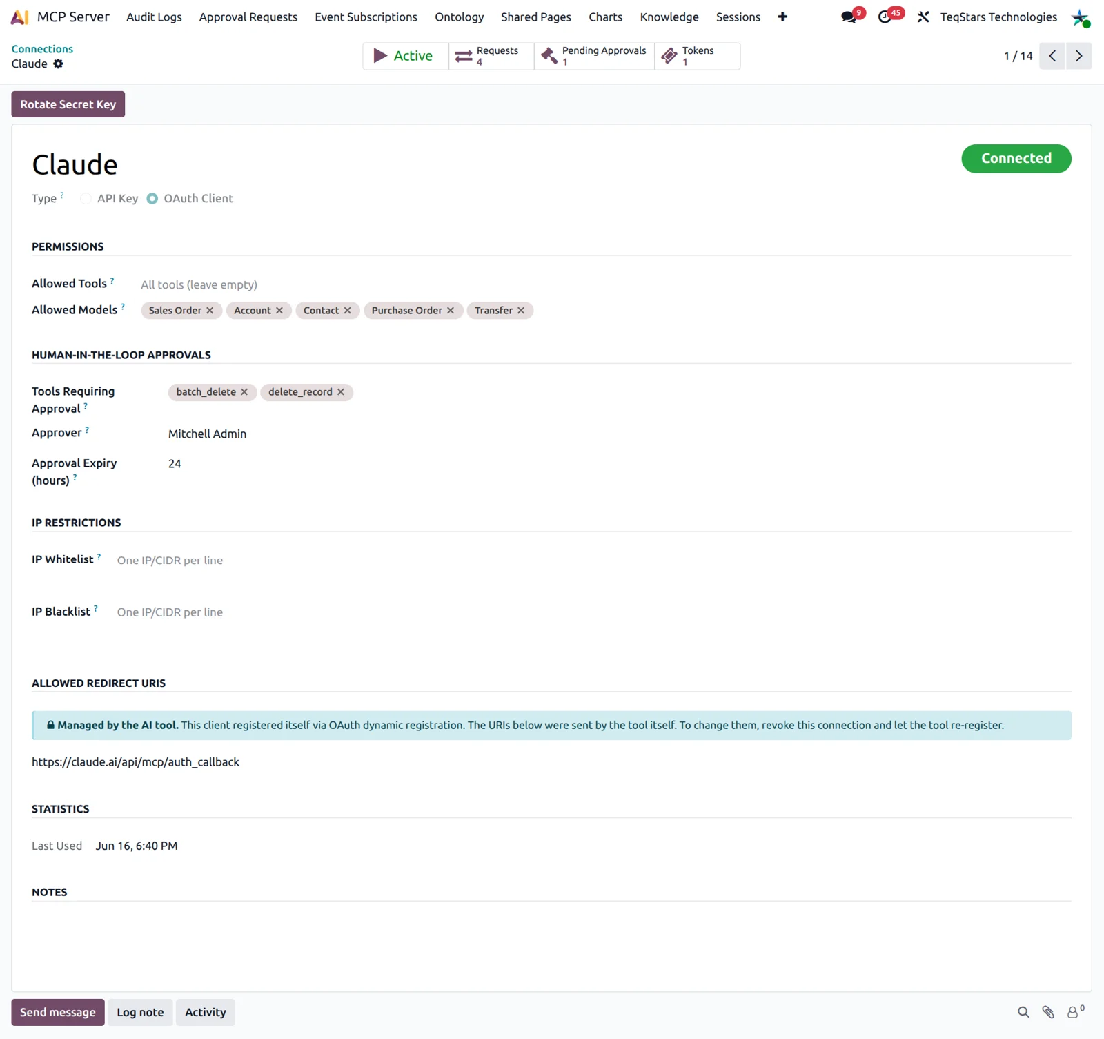 Odoo MCP Server connection form showing authentication, allowed tools, IP allowlist, rate limits and the approver
