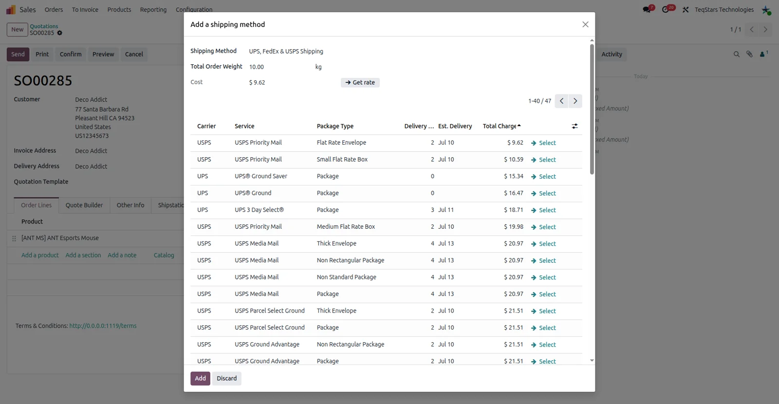 ShipStation rates compared across several carriers on an Odoo sale order with the cheapest preselected