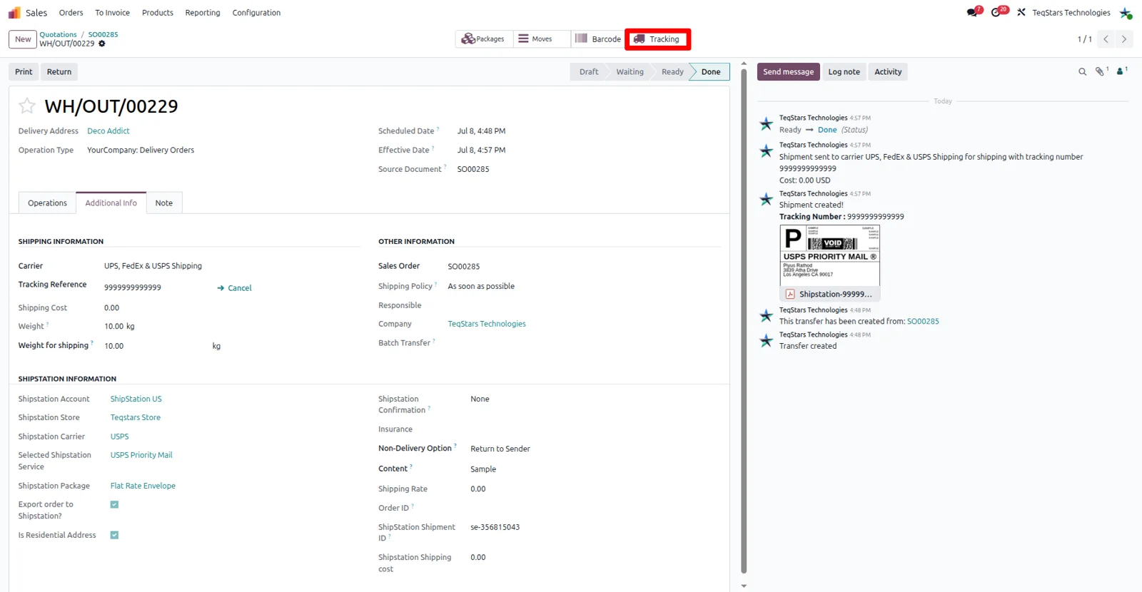 Tracking button in an Odoo delivery order header that opens the carrier tracking page for a ShipStation v2 account