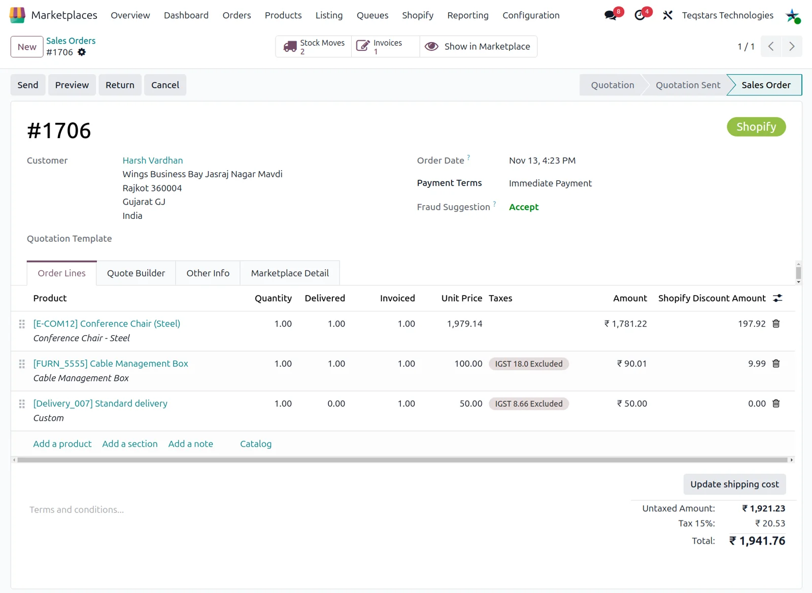 A Shopify order imported into an Odoo sales order with lines, taxes and shipping by the Odoo Shopify Connector