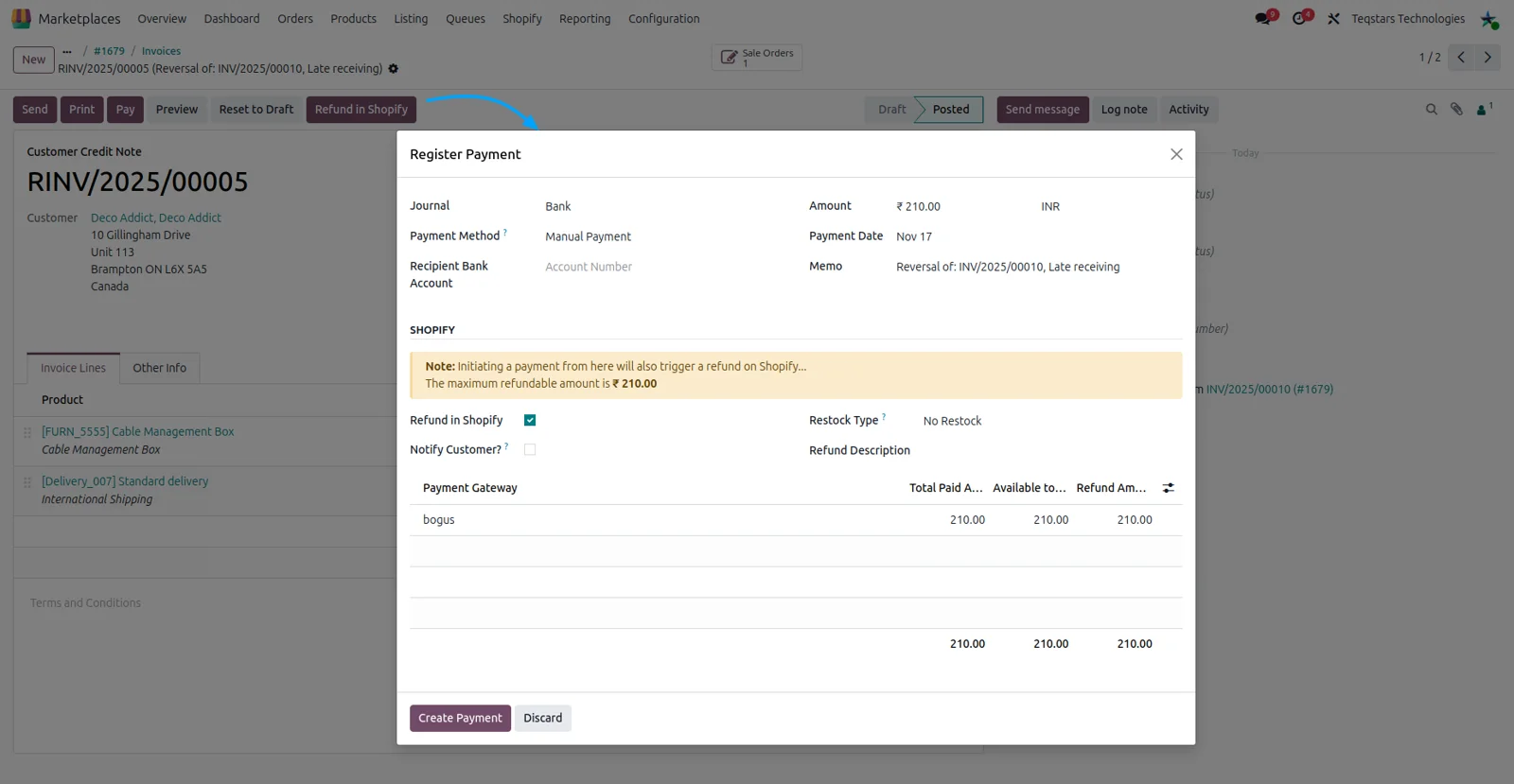 Odoo Register Payment form with the Refund in Shopify option used by the Odoo Shopify Connector