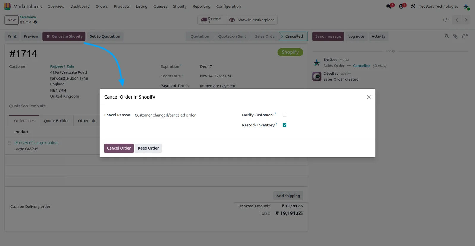 Cancel Order in Shopify popup in Odoo with cancellation reason, notify customer and restock options