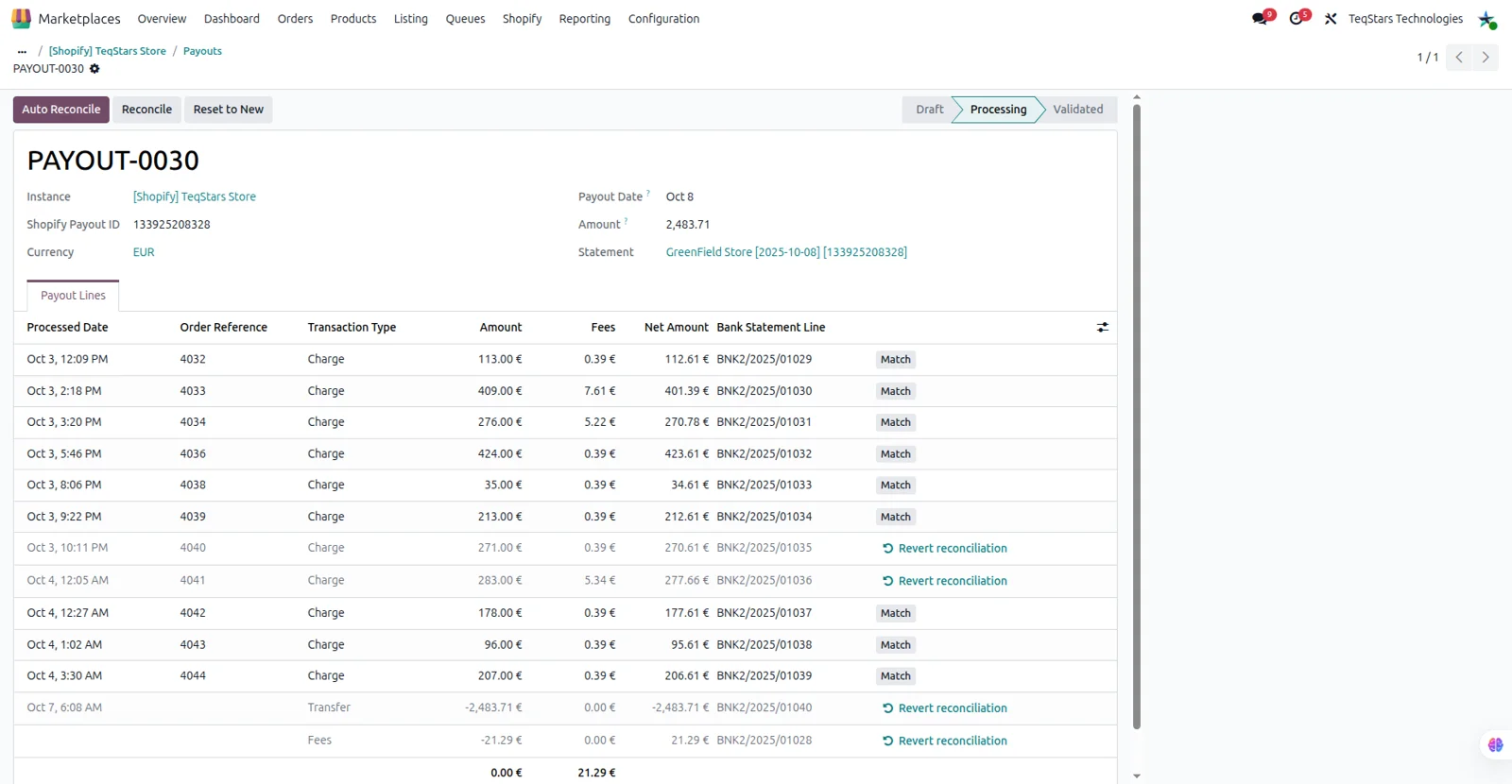 Imported Shopify payout report in Odoo with payout lines and reconciliation buttons