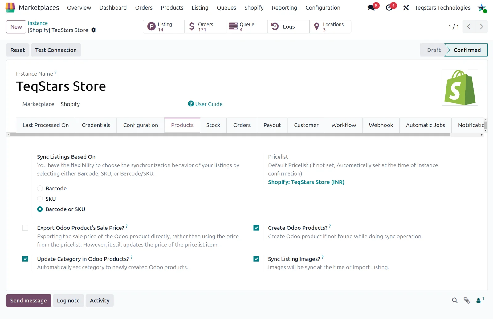 Product configuration in the Odoo Shopify Connector with matching by SKU, barcode or both